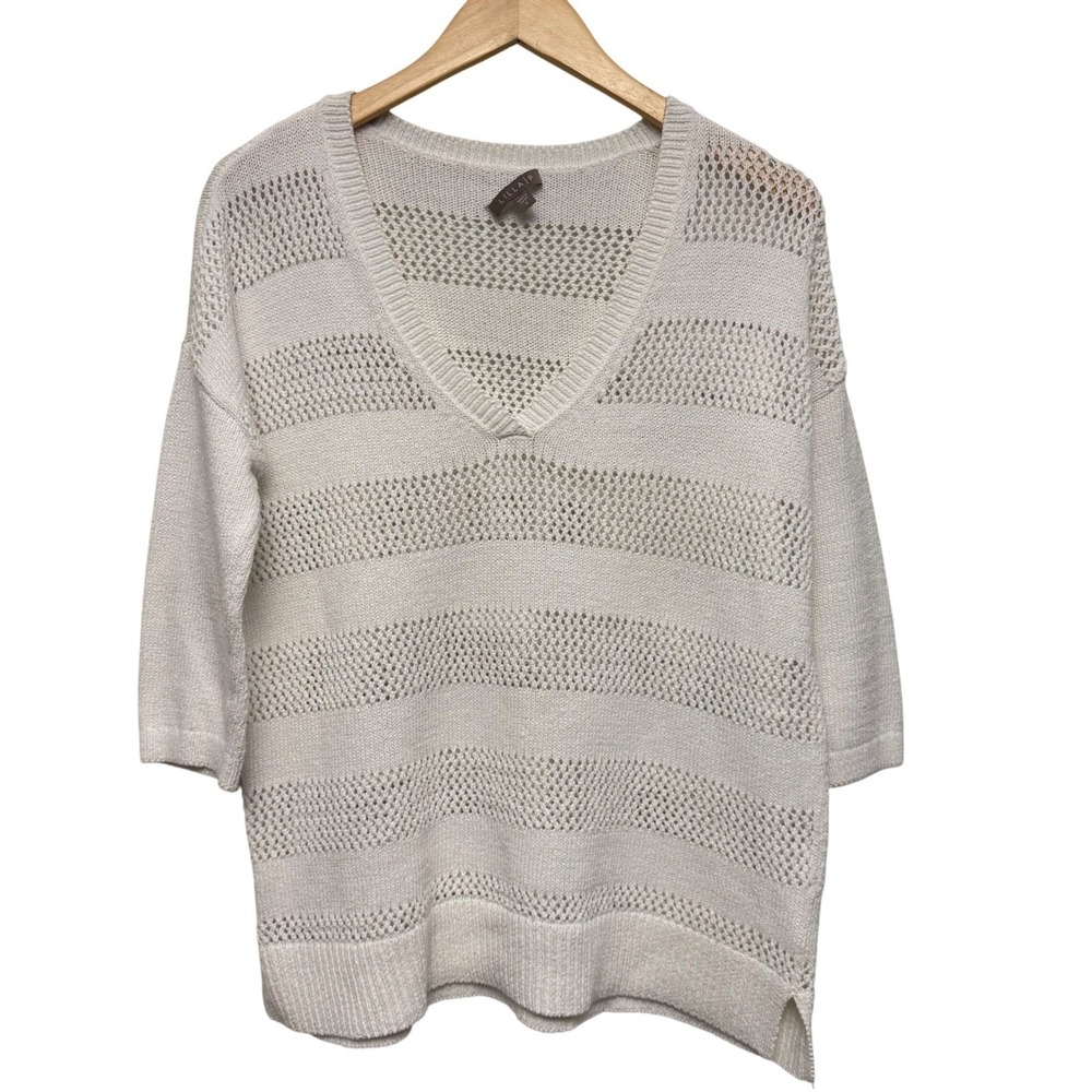 Lilla‎ P Knit Top Small V-Neck 3/4 Sleeve Sweater Cream White Sheer